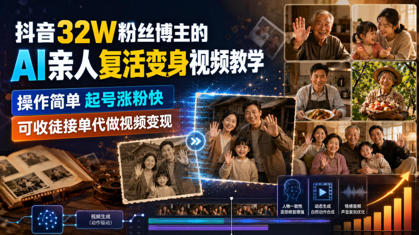 抖音32W粉丝博主的AI亲人复活变身视频教学，操作简单，起号涨粉快，可收徒接单代做视频变现-白蛇网