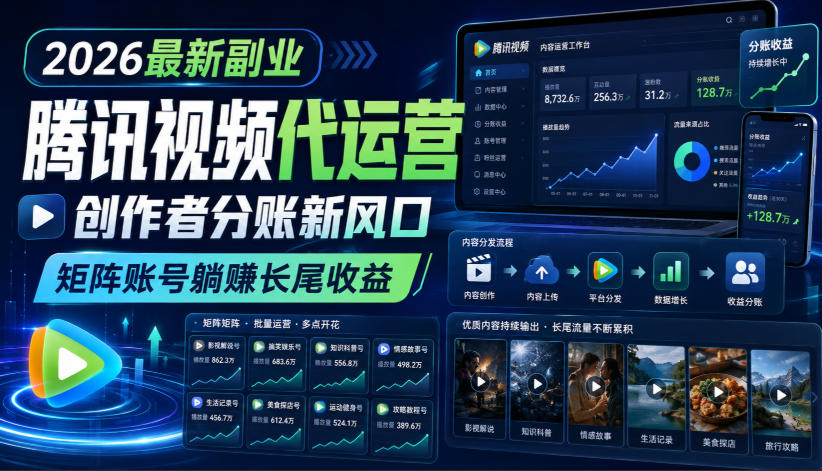2026最新副业之腾讯视频代运营:创作者分账新风口,矩阵账号躺賺长尾收益【揭秘】-白蛇网