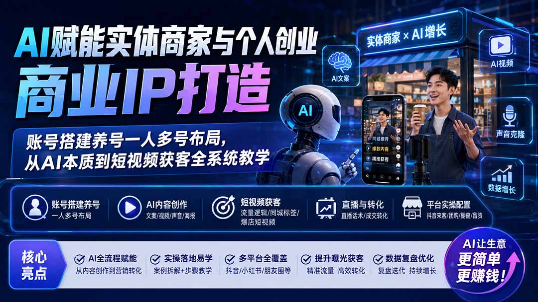 AI赋能实体商家与个人创业商业IP打造；账号搭建养号一人多号布局，从AI本质到短视频获客全系统教学-白蛇网