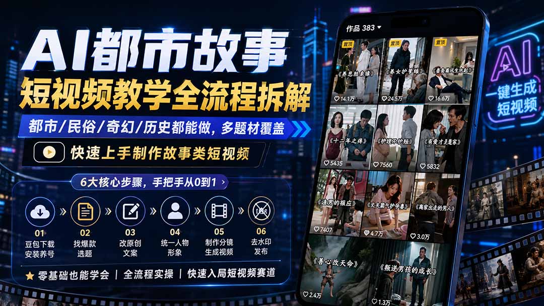 AI都市故事短视频教学全流程拆解；都市/民俗/奇幻/历史都能做多题材覆盖，快速上手制作故事类短视频-白蛇网