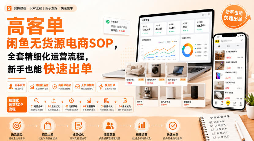 高客单闲鱼无货源电商SOP,全套精细化运营流程,新手也能快速出单-白蛇网