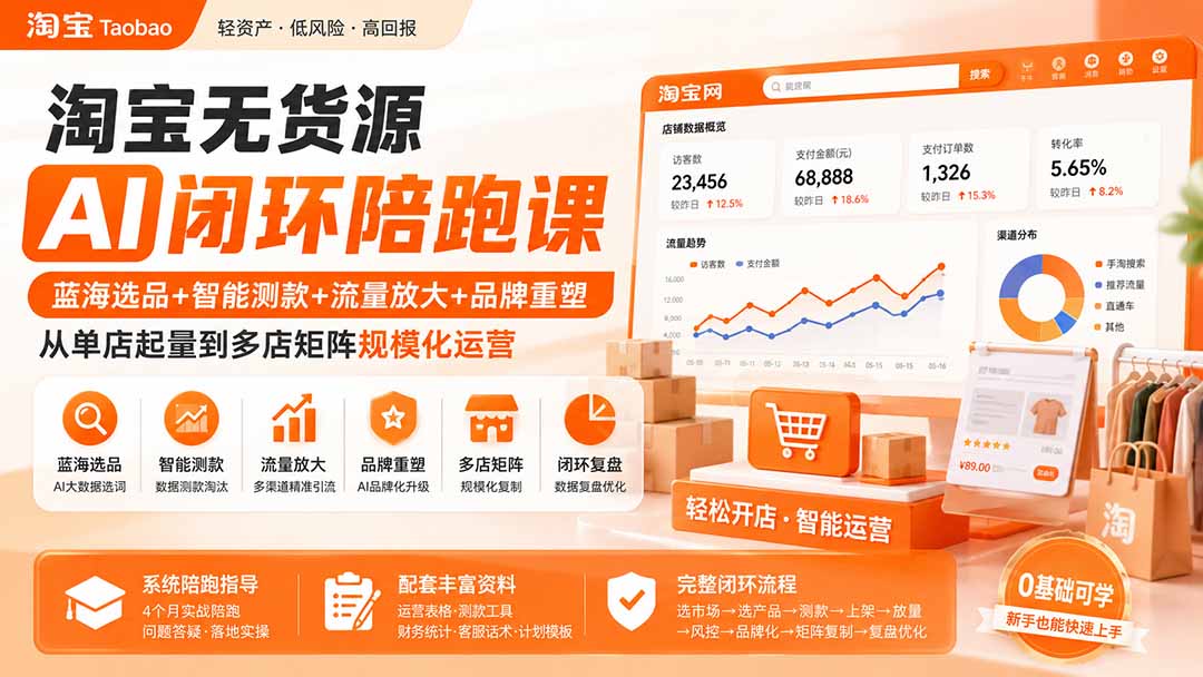 淘宝无货源AI闭环陪跑课：蓝海选品+智能测款+流量放大+品牌重塑，从单店起量到多店矩阵规模化运营-白蛇网