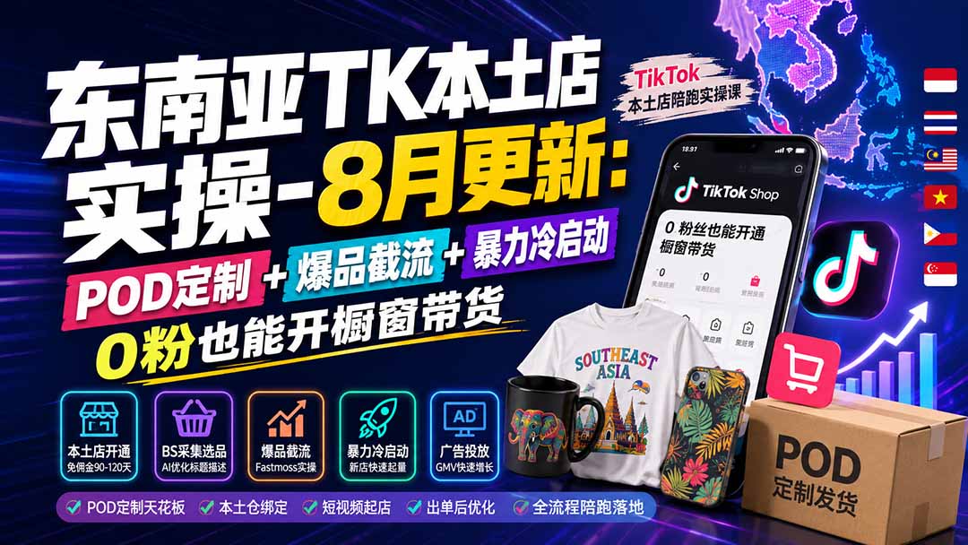 东南亚TK本土店实操-8月更新：POD定制+爆品截流+暴力冷启动，0粉也能开橱窗带货-白蛇网