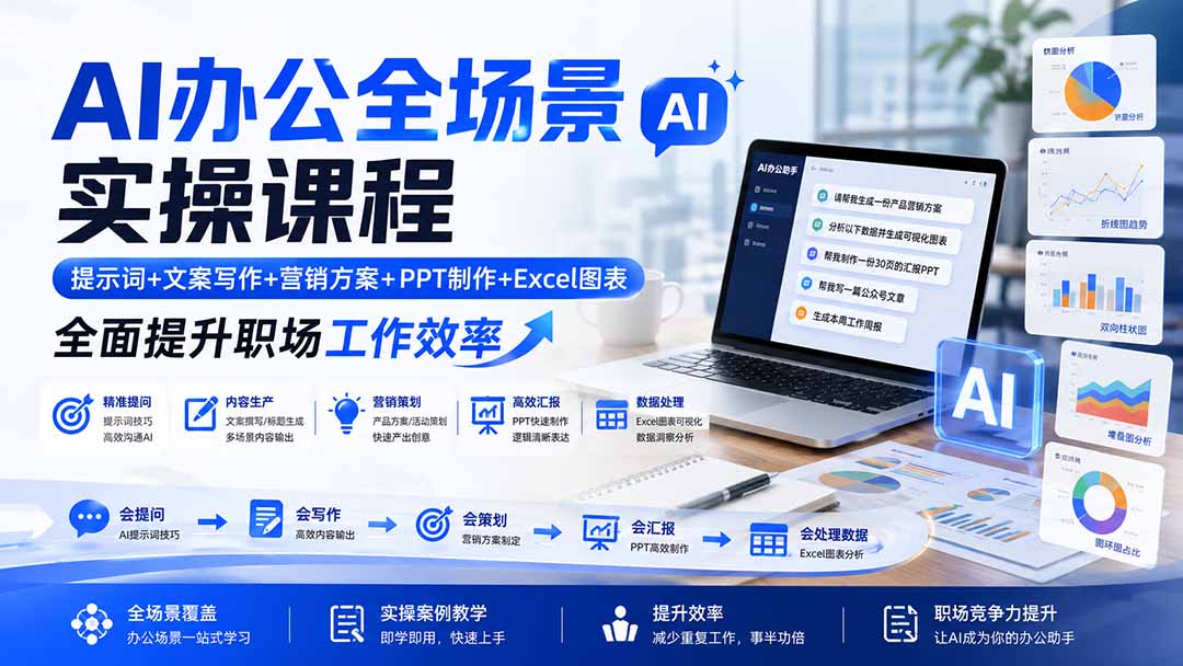 AI办公全场景实操课程：提示词+文案写作+营销方案+PPT制作+Excel图表，全面提升职场工作效率-白蛇网