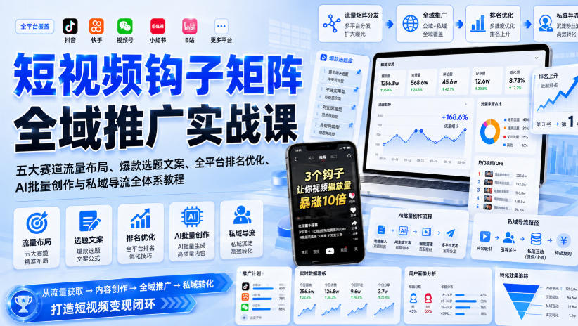 短视频钩子矩阵全域推广实战课｜五大赛道流量布局、爆款选题文案、全平台排名优化、AI批量创作与私域导流全体系教程-白蛇网