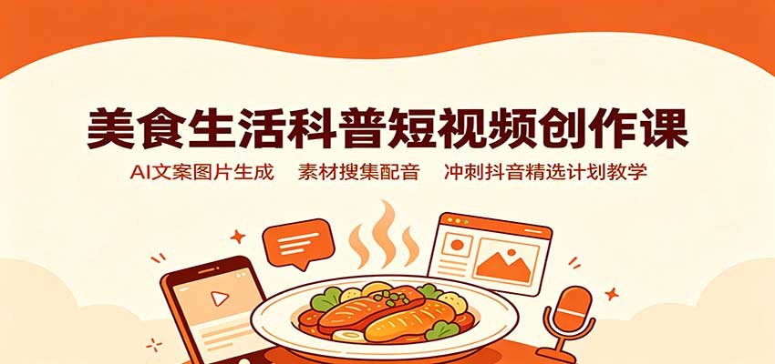 美食生活科普短视频创作课：AI文案图片生成，素材搜集配音，冲刺抖音精选计划教学-白蛇网