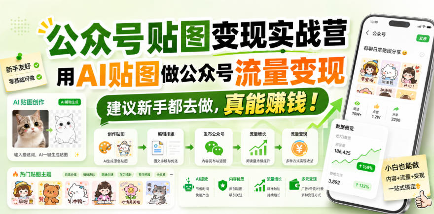 公众号贴图变现实战营，用AI贴图做公众号流量变现，建议新手都去做，真能賺钱！-白蛇网