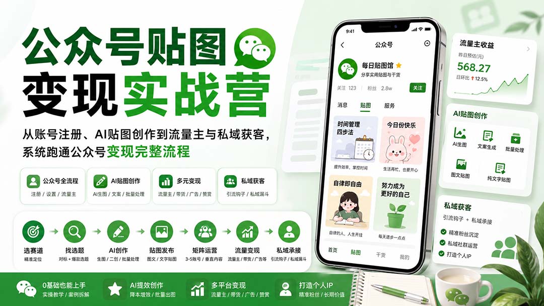 公众号贴图变现实战营：从账号注册、AI贴图创作到流量主与私域获客，系统跑通公众号变现完整流程-白蛇网