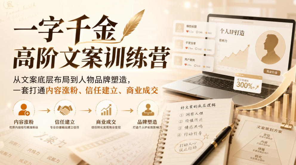 一字千金高阶文案训练营，从文案底层布局到人物品牌塑造，一套打通内容涨粉、信任建立、商业成交-白蛇网
