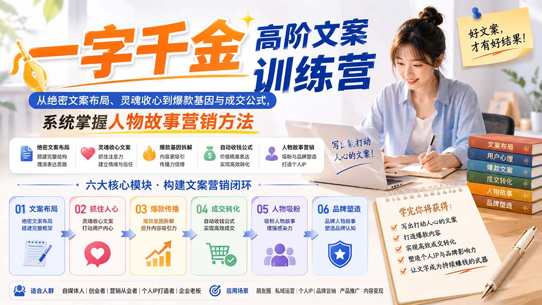 一字千金高阶文案训练营：从绝密文案布局、灵魂收心到爆款基因与成交公式，系统掌握人物故事营销方法-白蛇网