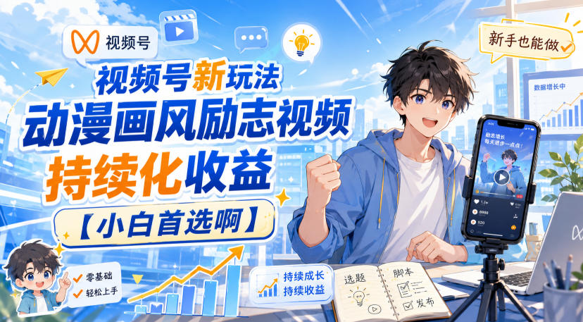 视频号新玩法动漫画风励志视频，持续化收益【小白首选啊】-白蛇网