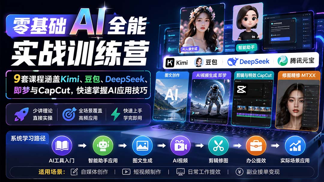 零基础AI全能实战训练营:9套课程涵盖Kimi、豆包、DeepSeek、即梦与CapCut,快速掌握AI应用技巧-白蛇网