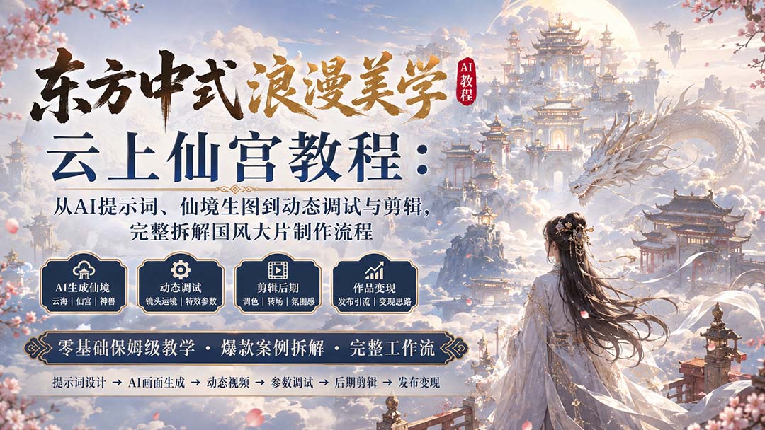 东方中式浪漫美学云上仙宫教程:从AI提示词、仙境生图到动态调试与剪辑,完整拆解国风大片制作流程-白蛇网
