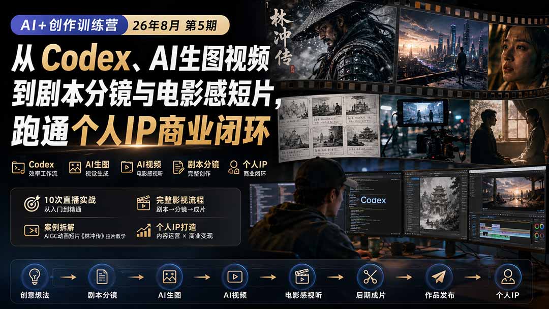 AI+创作训练营26年8月第5期:从Codex、AI生图视频到剧本分镜与电影感短片,跑通个人IP商业闭环-白蛇网