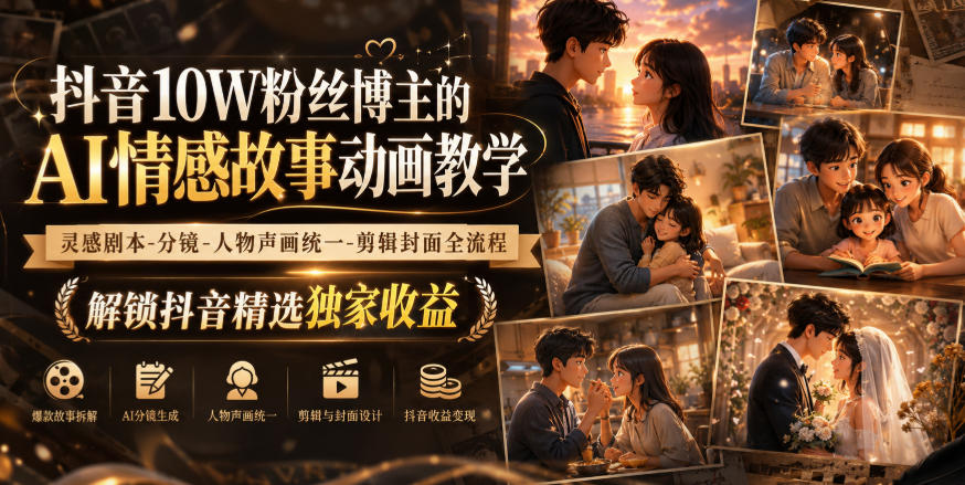 抖音10W粉丝博主的AI情感故事动画教学，灵感剧本‑分镜‑人物声画统一‑剪辑封面全流程，解锁抖音精选独家收益-白蛇网