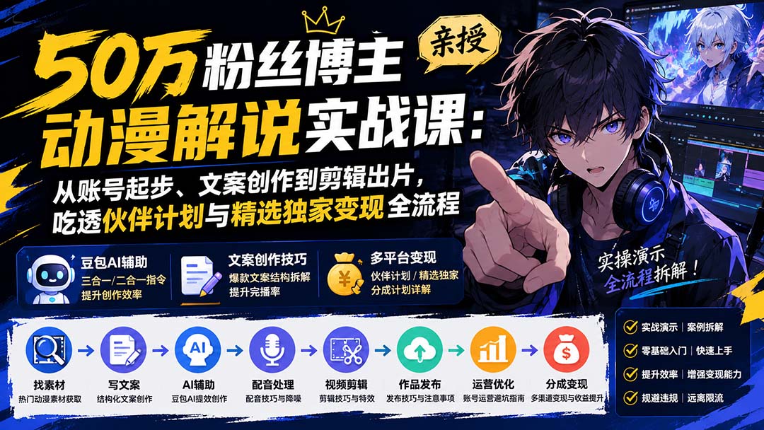 50万粉丝博主亲授动漫解说实战课:从账号起步、文案创作到剪辑出片,吃透伙伴计划与精选独家变现全流程-白蛇网