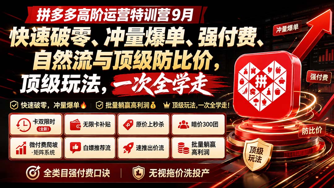 拼多多高阶运营特训营9月:快速破零、冲量爆单、强付费、自然流与顶级防比价, 顶级玩法,一次全学走-白蛇网