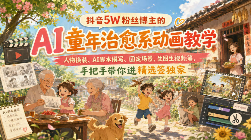 抖音5W粉丝博主的AI童年治愈系动画教学，人物换装、AI脚本撰写、固定场景、生图生视频等，手把手带你进精选签独家-白蛇网