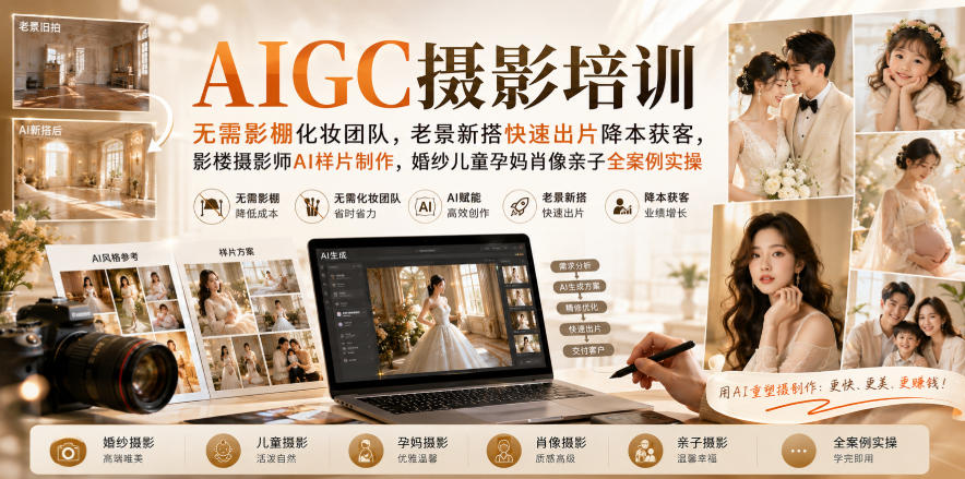 AIGC摄影培训｜无需影棚化妆团队，老景新搭快速出片降本获客，影楼摄影师AI样片制作，婚纱儿童孕妈肖像亲子全案例实操-白蛇网