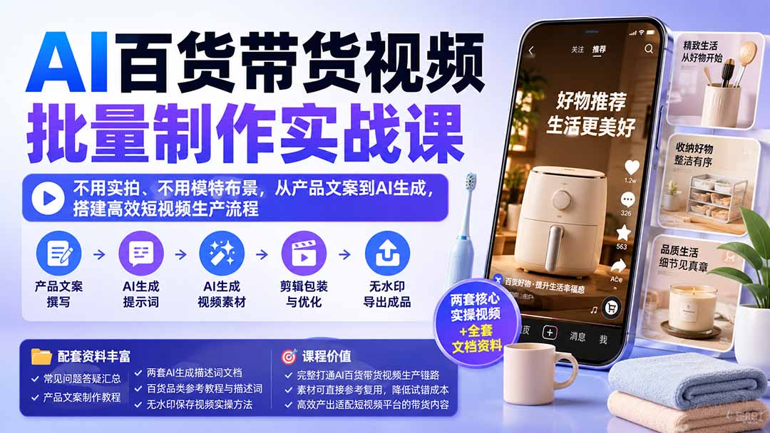 AI百货带货视频批量制作实战课:不用实拍、不用模特布景,从产品文案到AI生成,搭建高效短视频生产流程-白蛇网