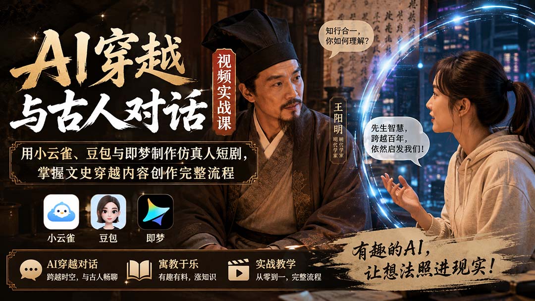 AI穿越与古人对话视频实战课:用小云雀、豆包与即梦制作仿真人短剧,掌握文史穿越内容创作完整流程-白蛇网