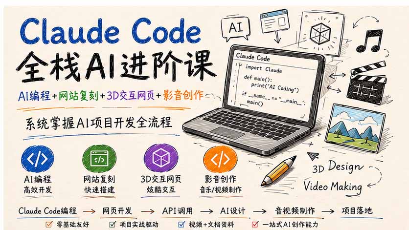 Claude Code全栈AI进阶课-更新;AI编程+网站复刻+3D交互网页+影音创作,系统掌握AI项目开发全流程-白蛇网