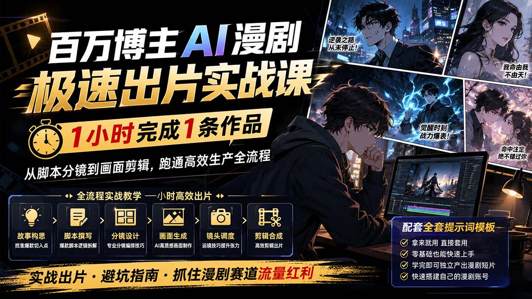 百万博主AI漫剧极速出片实战课:1小时产出条作品,从脚本分镜到画面剪辑,跑通高效生产全流程-白蛇网
