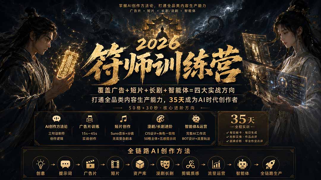 符师训练营-35天成为AI时代创作者,广告+短片+漫剧+智能体四大实战方向,掌握从创意到上线的完整工作流-白蛇网