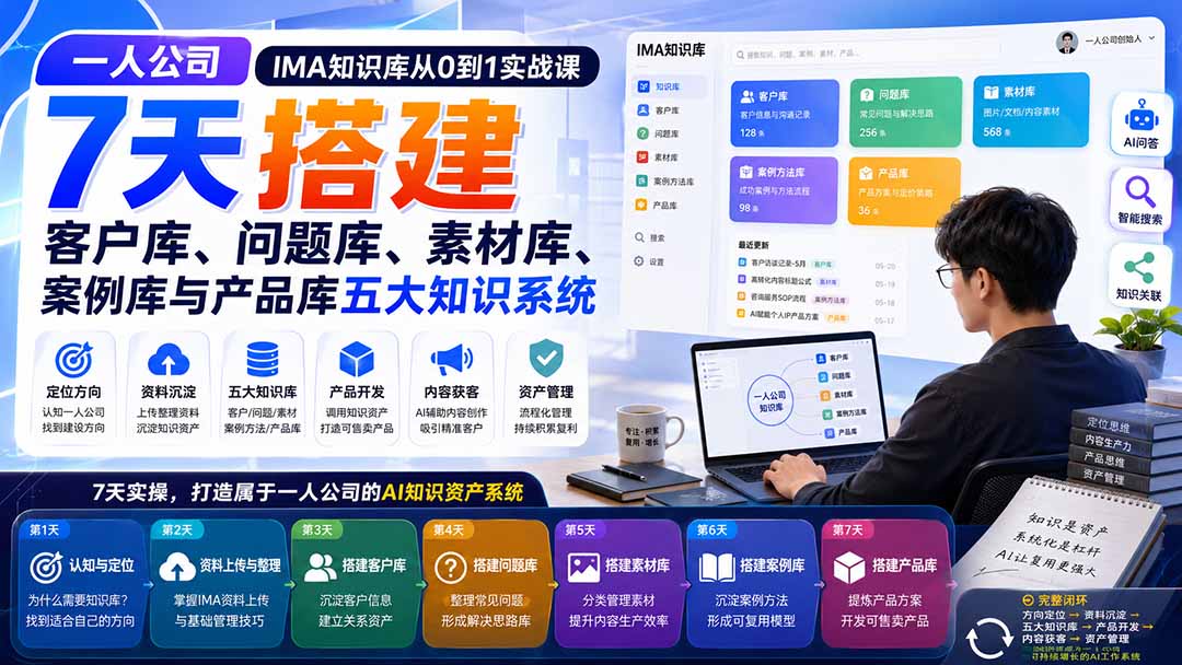 一人公司IMA知识库从0到1实战课:7天搭建客户库、问题库、素材库、案例库与产品库五大知识系统-白蛇网
