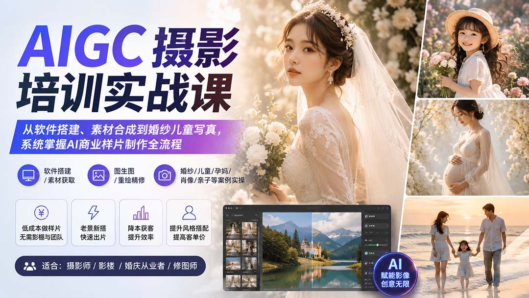 AIGC摄影培训实战课：从软件搭建、素材合成到婚纱儿童写真，系统掌握AI商业样片制作全流程-白蛇网