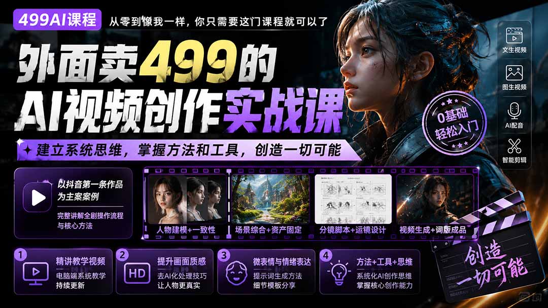 外面卖499的AI视频创作实战课:建立系统思维,掌握方法和工具,创造一切可能。-白蛇网