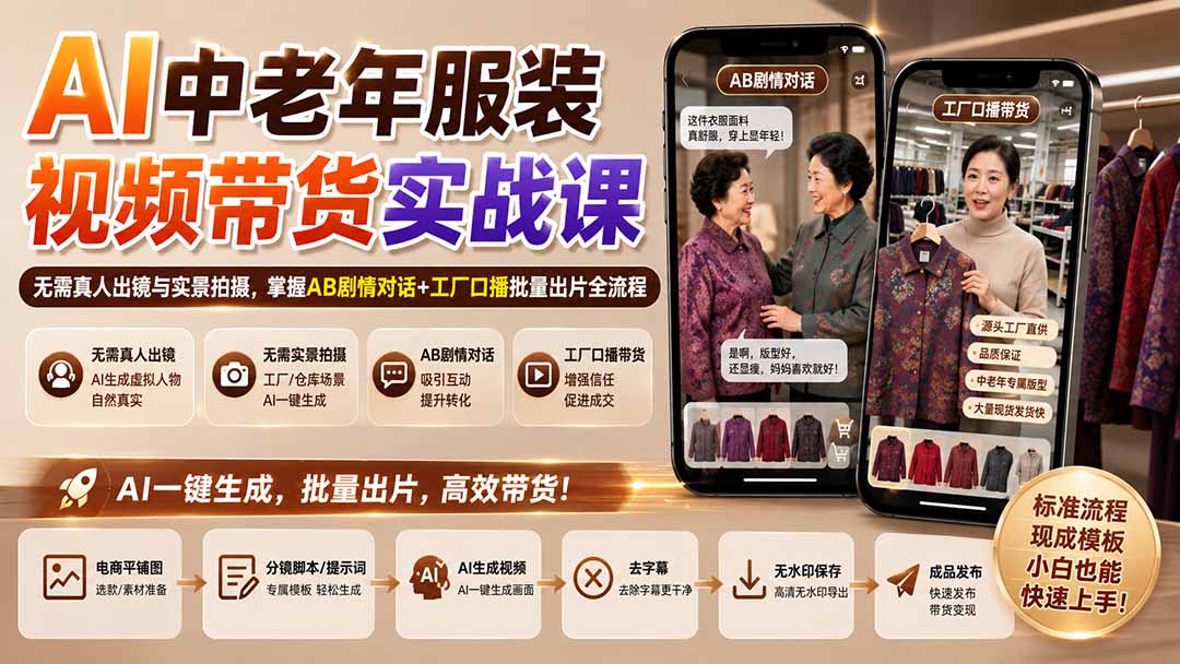 AI中老年服装视频带货实战课:无需真人出镜与实景拍摄,掌握AB剧情对话+工厂口播批量出片全流程-白蛇网