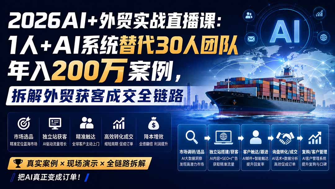 2026AI+外贸实战直播课:1人+AI系统替代30人团队年入200万案例,拆解外贸获客成交全链路-白蛇网