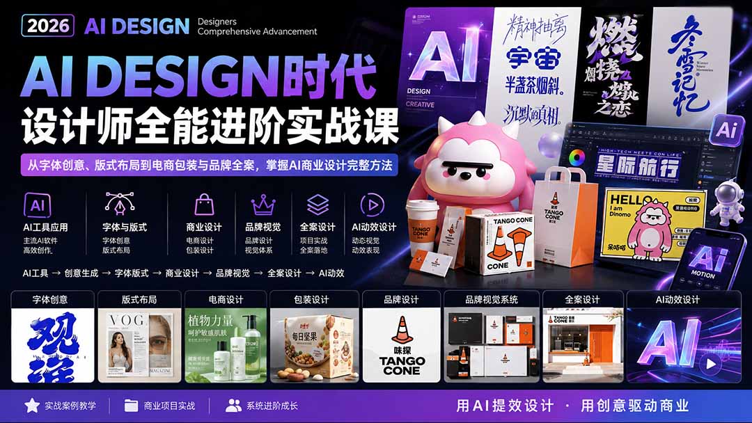 2026AI DESIGN时代设计师全能进阶实战课:从字体创意、版式布局到电商包装与品牌全案,掌握AI商业设计完整方法-白蛇网