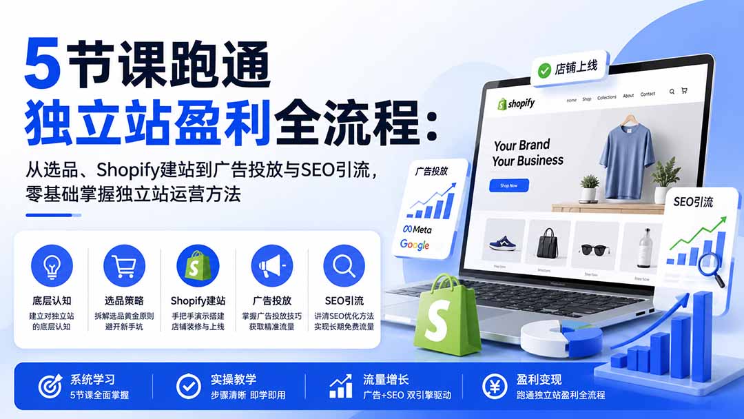 图片[1]-5节课跑通独立站盈利全流程：从选品、Shopify建站到广告投放与SEO引流，零基础掌握独立站运营方法-白蛇网
