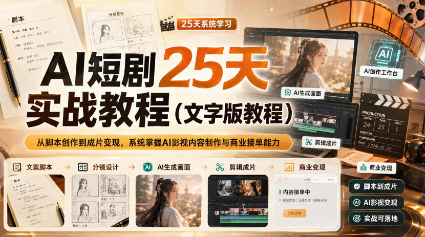 AI短剧25天实战教程(文字版教程)，从脚本创作到成片变现，系统掌握AI影视内容制作与商业接单能力-白蛇网