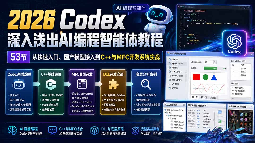 2026 Codex深入浅出AI编程智能体教程：53节从快速入门、国产模型接入到C++与MFC开发系统实战-白蛇网