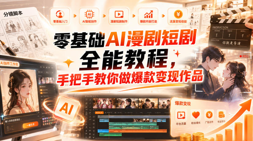 零基础AI漫剧短剧全能教程，从AI智能体搭建、文案脚本分镜、多平台AI生视频、剪映精修，覆盖全题材创作，手把手教你做爆款变现作品-白蛇网