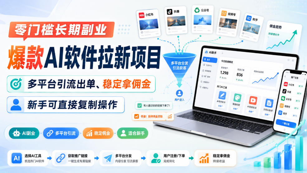 零门槛长期副业，爆款AI软件拉新项目，多平台引流出单、稳定拿佣金，新手可直接复制操作-白蛇网