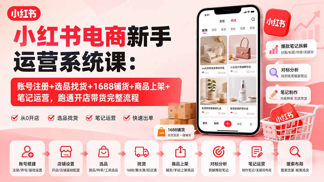 小红书电商新手运营系统课：账号注册+选品找货+1688铺货+商品上架+笔记运营，跑通开店带货完整流程-白蛇网