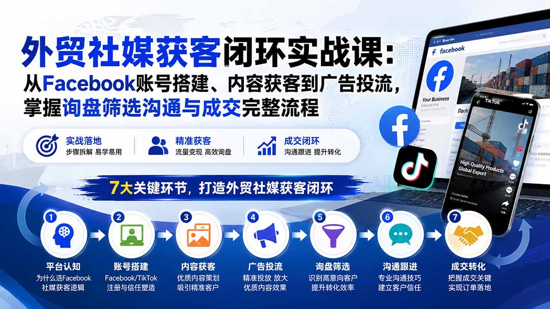 外贸社媒获客闭环实战课：从Facebook账号搭建、内容获客到广告投流，掌握询盘筛选沟通与成交完整流程-白蛇网