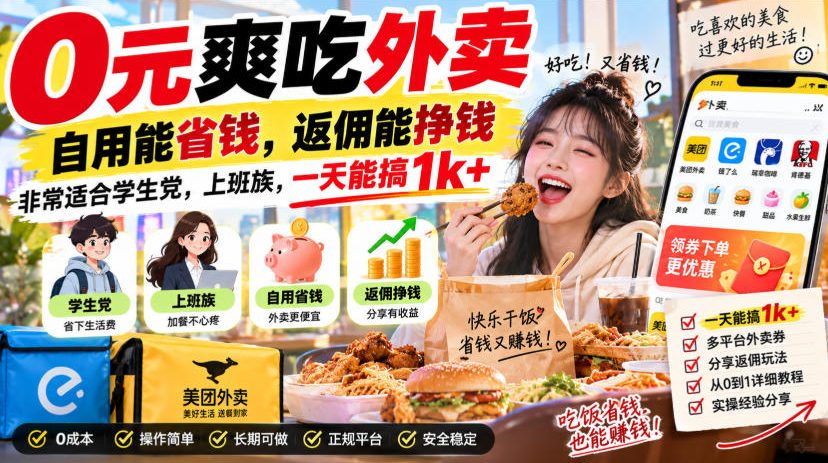 0元爽吃外卖,自用能省钱,返佣能挣钱,非常适合学生党,上班族,一天能搞1k+-白蛇网