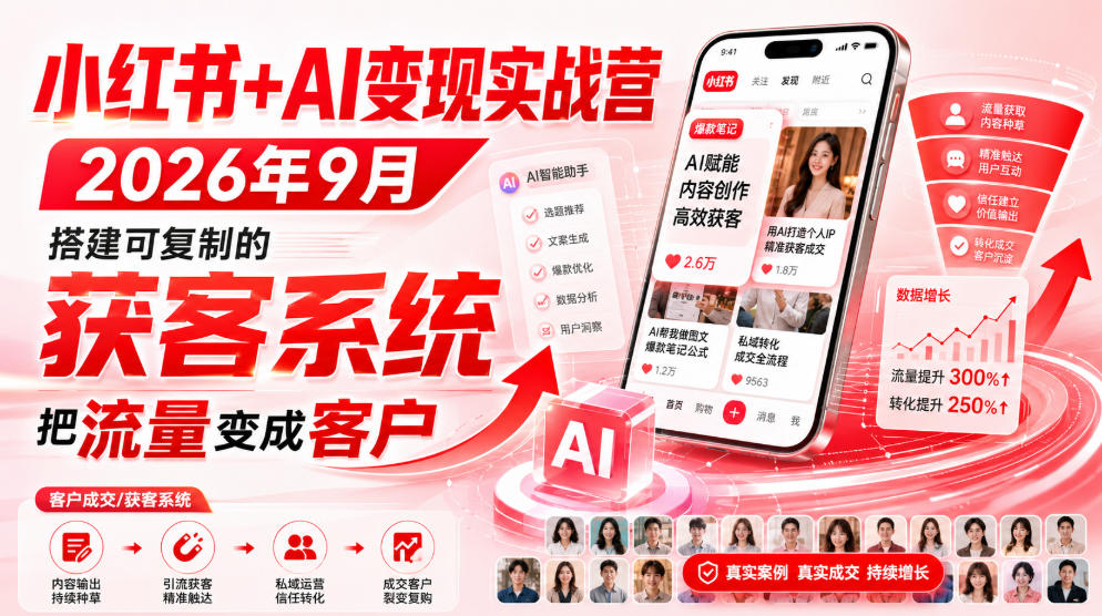 小红书+AI变现实战营2026年9月，搭建可复制的获客系统，把流量变成客户！-白蛇网