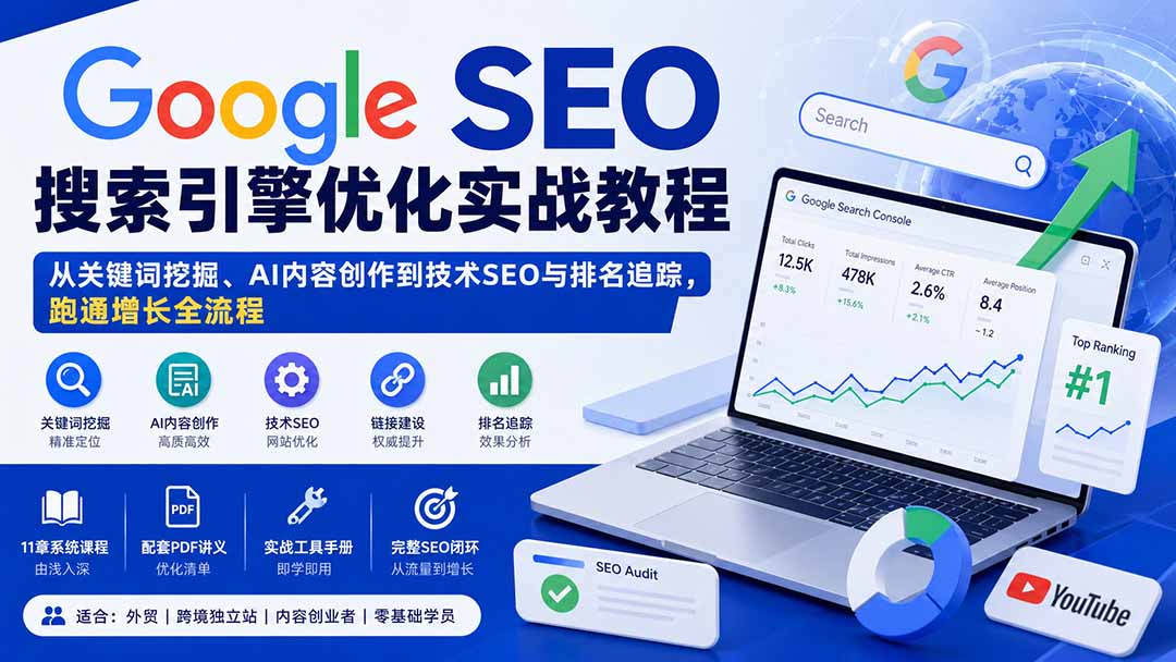 Google SEO搜索引擎优化实战教程:从关键词挖掘、AI内容创作到技术SEO与排名追踪,跑通增长全流程-白蛇网