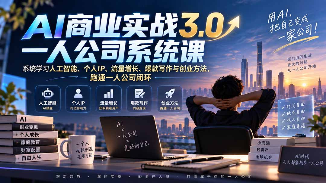 AI商业实战3.0一人公司系统课:系统学习人工智能、个人IP、流量增长、爆款写作与创业方法,跑通一人公司闭环-白蛇网
