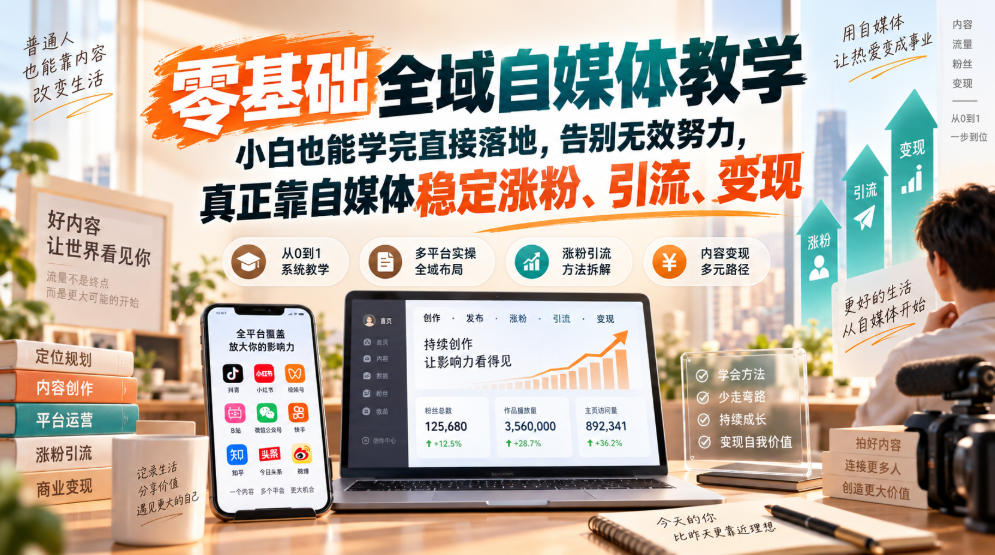 零基础全域自媒体教学，小白也能学完直接落地，告别无效努力，真正靠自媒体稳定涨粉、引流、变现-白蛇网