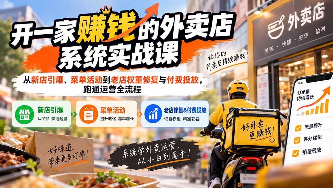 开一家赚钱的外卖店系统实战课:从新店引爆、菜单活动到老店权重修复与付费投放,跑通运营全流程-白蛇网
