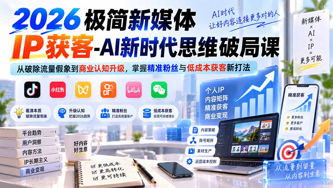 2026极简新媒体IP获客-AI新时代思维破局课：从破除流量假象到商业认知升级，掌握精准粉丝与低成本获客新打法-白蛇网