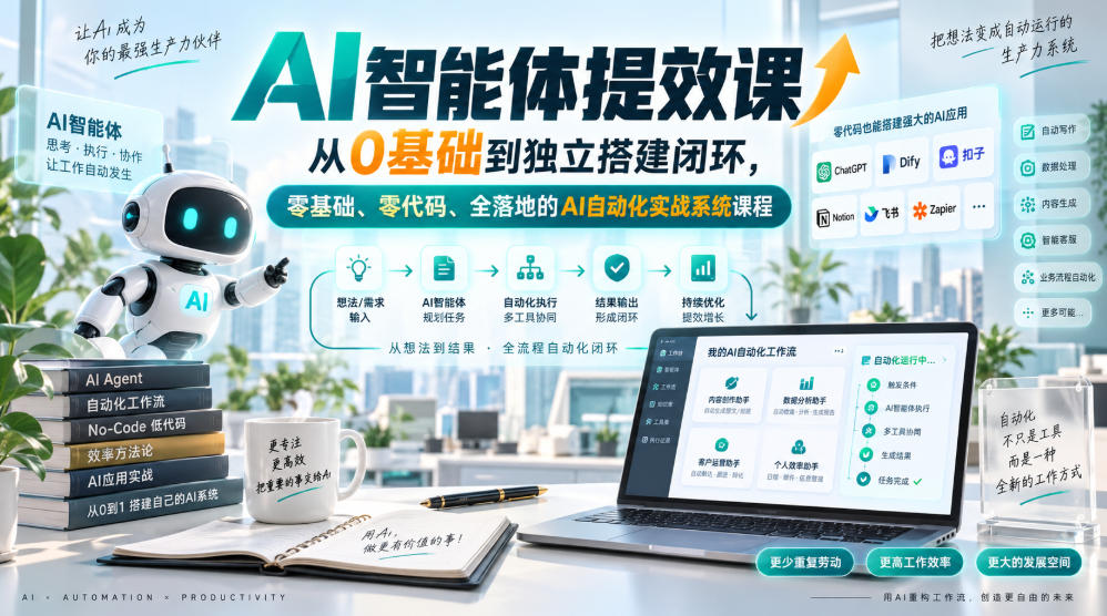AI智能体提效课，从0基础到独立搭建闭环，零基础、零代码、全落地的AI自动化实战系统课程-白蛇网