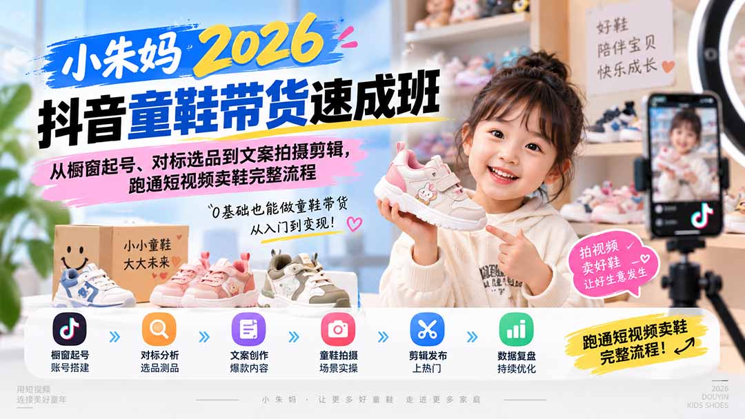 小朱妈2026抖音童鞋带货速成班：从橱窗起号、对标选品到文案拍摄剪辑，跑通短视频卖鞋完整流程-白蛇网